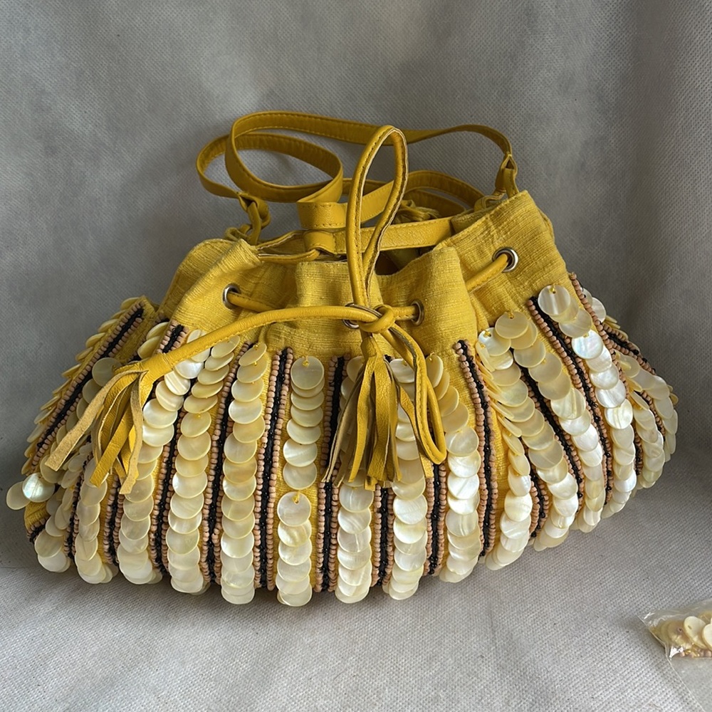 Hand beaded Moyna Bags mother of pearl satchel bucket handbag tassel cruise bag